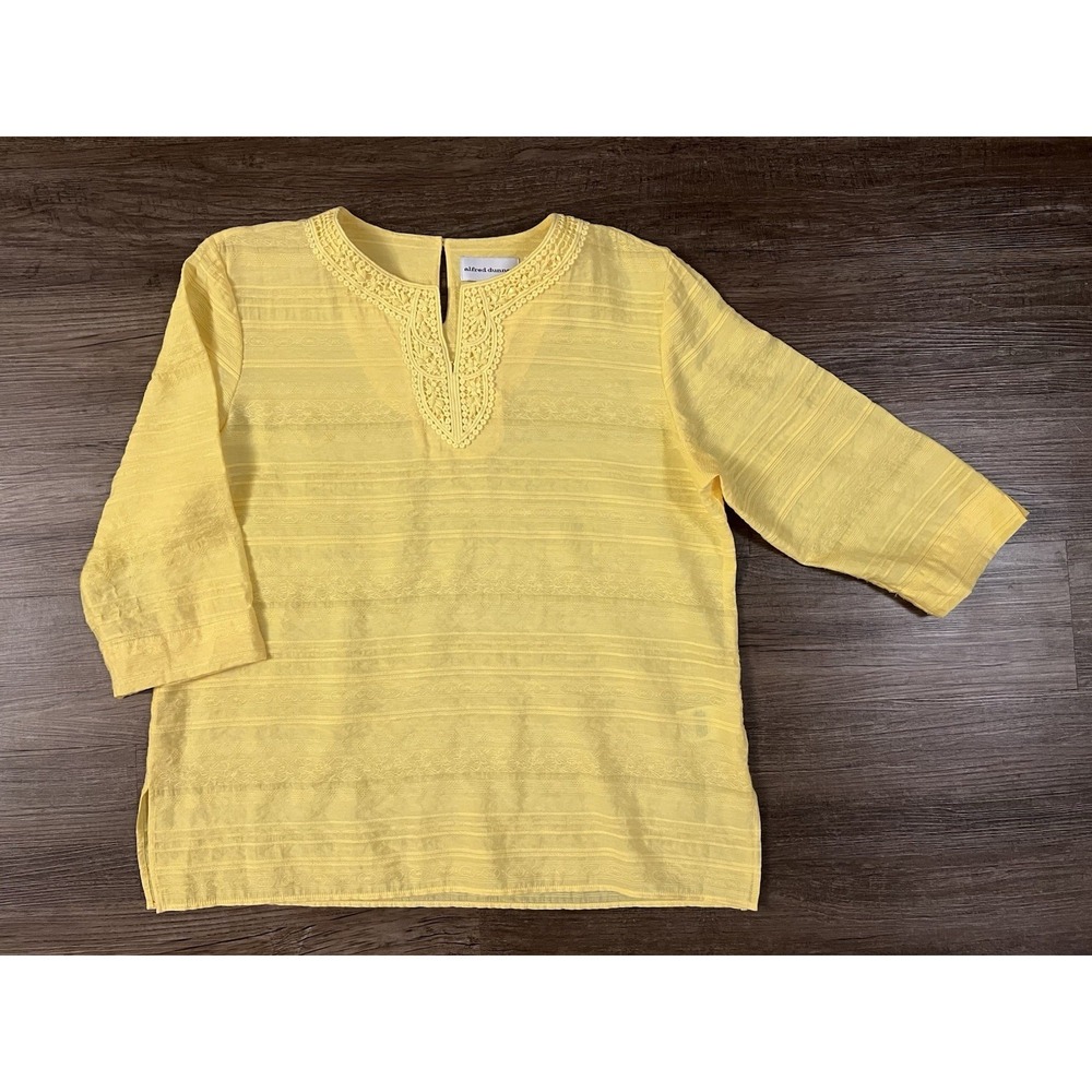 Alfred Dunner Top Blouse Womens Sz 16 Yellow‎ Crochet Lace Trim 3/4 Sleeve D5